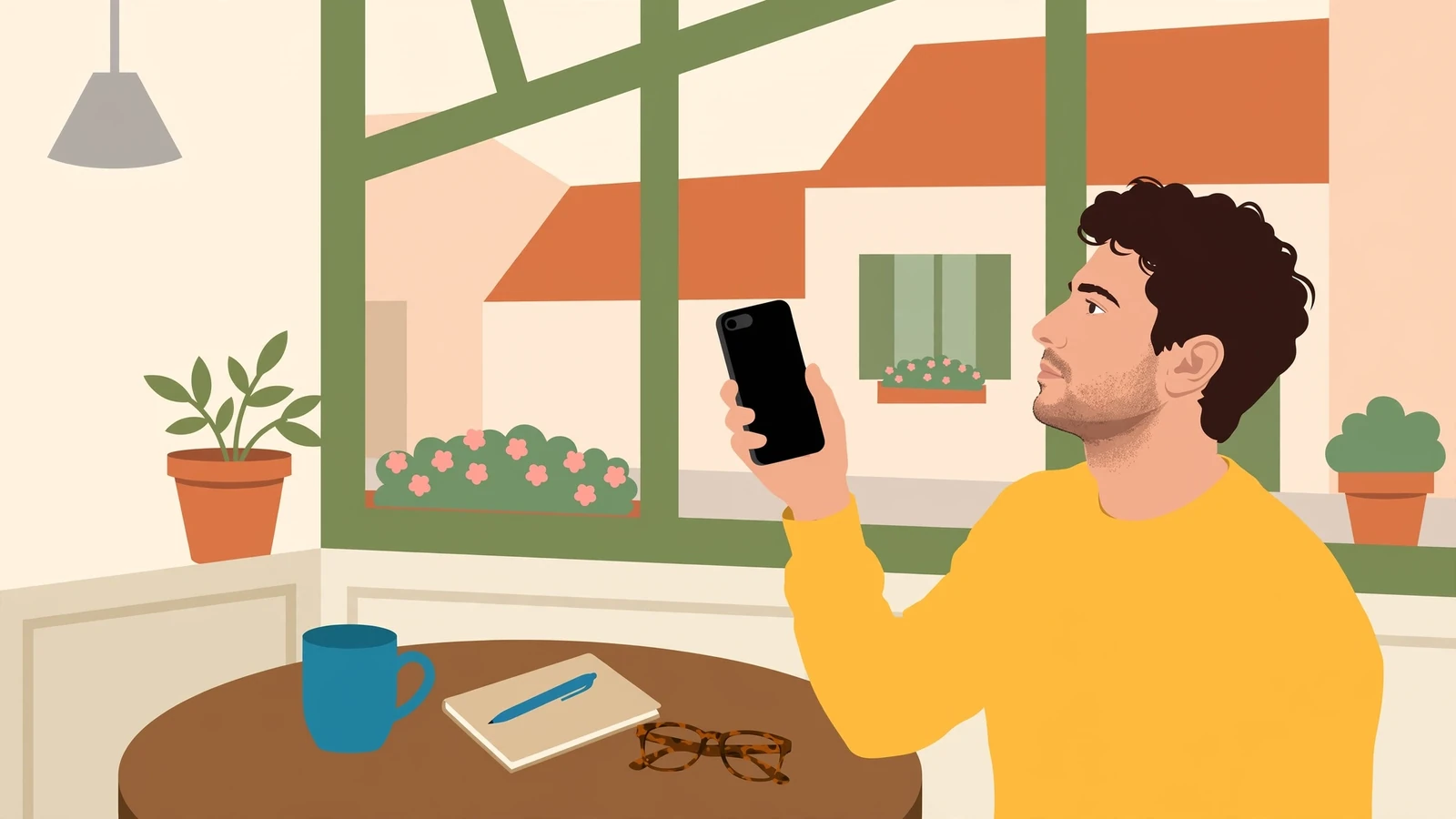 Člověk u kávy zamyšleně drží telefon v ruce.